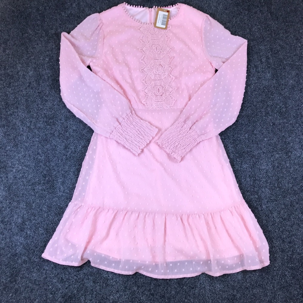 Andree By Unit Mini Dress Womens Small Pink Lace Detail Swiss Dot Smocked Cuffs
